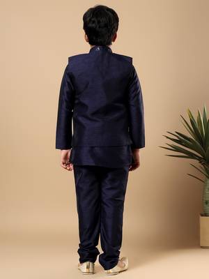 Boys navy blue cotton silk oval sequined buti pattern kurta & pyjama with waistcoat set 2