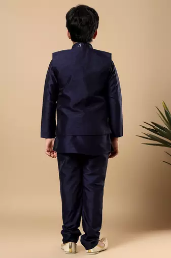 Boys navy blue cotton silk oval sequined buti pattern kurta & pyjama with waistcoat set