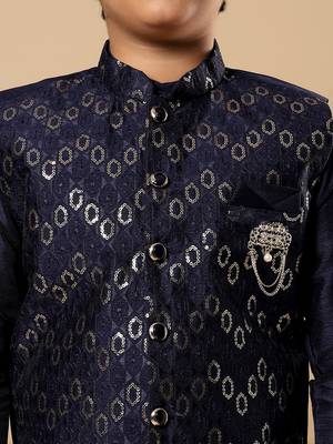 Boys navy blue cotton silk oval sequined buti pattern kurta & pyjama with waistcoat set 3