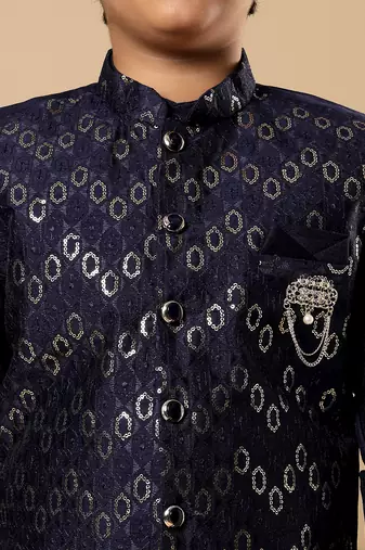 Boys navy blue cotton silk oval sequined buti pattern kurta & pyjama with waistcoat set