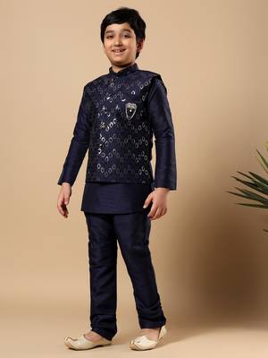 Boys navy blue cotton silk oval sequined buti pattern kurta & pyjama with waistcoat set 4