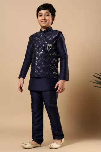 Boys navy blue cotton silk oval sequined buti pattern kurta & pyjama with waistcoat set