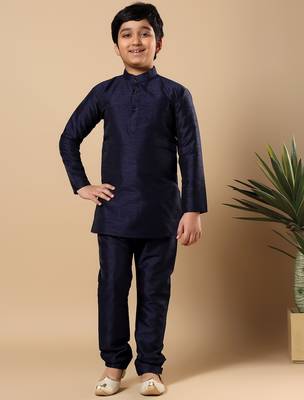Boys navy blue cotton silk oval sequined buti pattern kurta & pyjama with waistcoat set 5