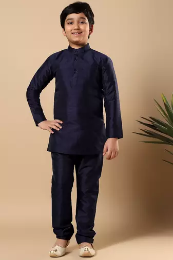 Boys navy blue cotton silk oval sequined buti pattern kurta & pyjama with waistcoat set