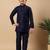 Boys navy blue cotton silk oval sequined buti pattern kurta & pyjama with waistcoat set