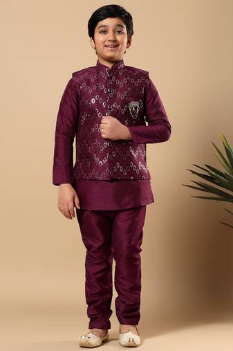 Boys wine cotton silk oval sequined buti pattern kurta & pyjama with waistcoat set