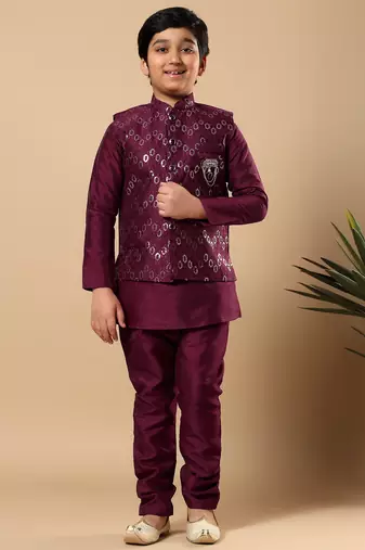 Boys wine cotton silk oval sequined buti pattern kurta & pyjama with waistcoat set