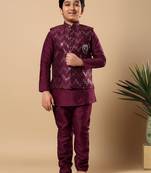 Boys wine cotton silk oval sequined buti pattern kurta & pyjama with waistcoat set