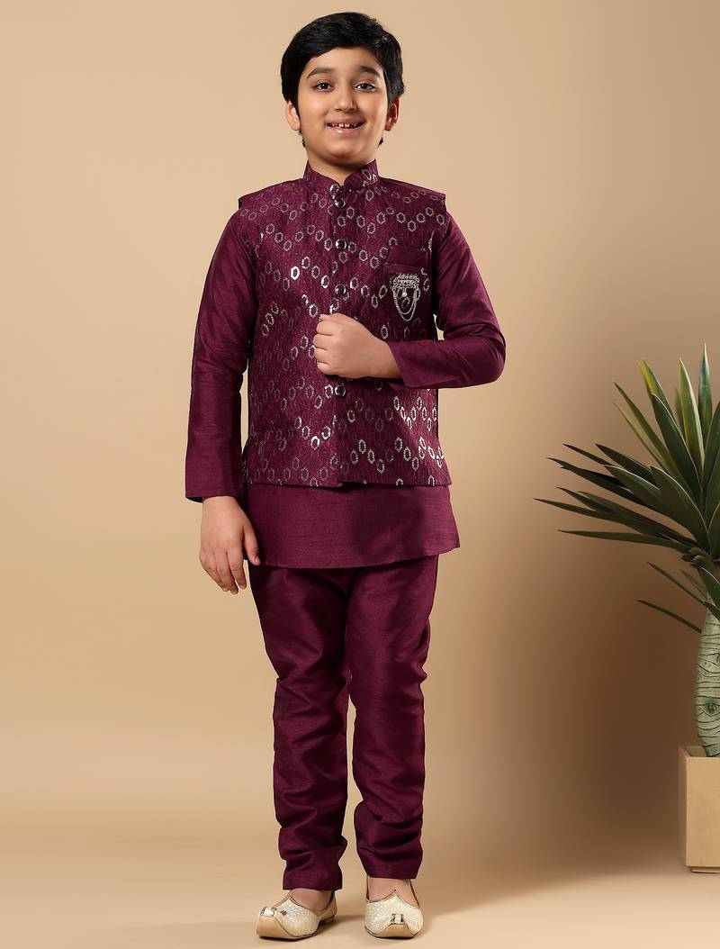 Boys wine cotton silk oval sequined buti pattern kurta & pyjama with waistcoat set