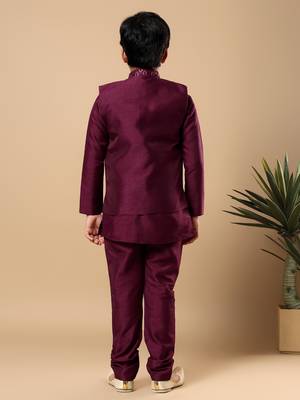 Boys wine cotton silk oval sequined buti pattern kurta & pyjama with waistcoat set 2