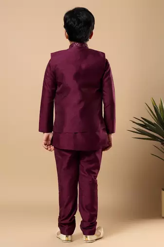 Boys wine cotton silk oval sequined buti pattern kurta & pyjama with waistcoat set