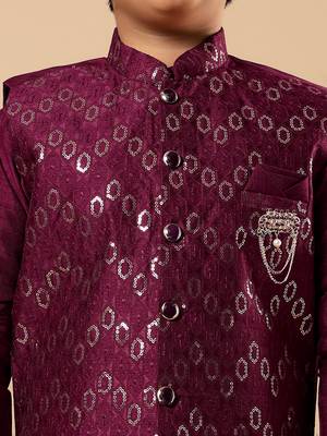 Boys wine cotton silk oval sequined buti pattern kurta & pyjama with waistcoat set 3