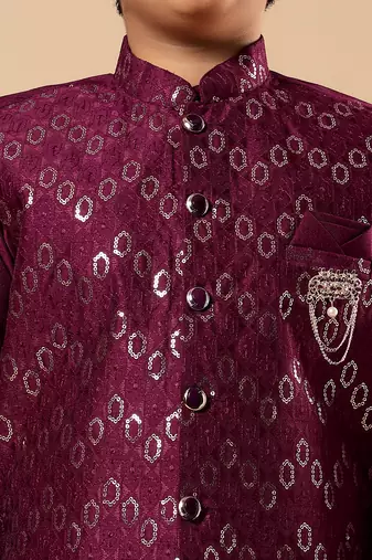 Boys wine cotton silk oval sequined buti pattern kurta & pyjama with waistcoat set
