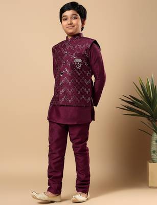 Boys wine cotton silk oval sequined buti pattern kurta & pyjama with waistcoat set 4
