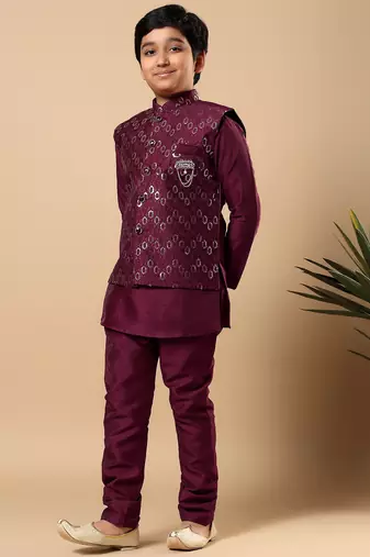 Boys wine cotton silk oval sequined buti pattern kurta & pyjama with waistcoat set