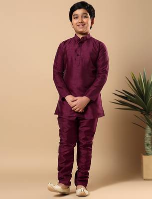Boys wine cotton silk oval sequined buti pattern kurta & pyjama with waistcoat set 5