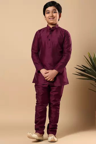 Boys wine cotton silk oval sequined buti pattern kurta & pyjama with waistcoat set