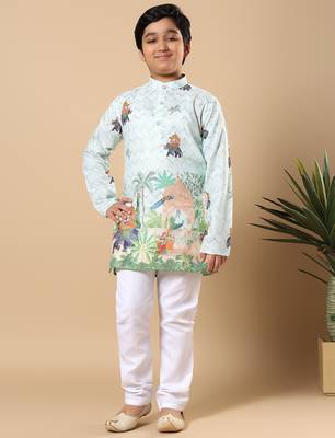 Boys light blue rayon zigzag embroidered sequined scenic heritage print kurta & pyjama set 1