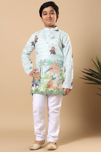 Boys light blue rayon zigzag embroidered sequined scenic heritage print kurta & pyjama set