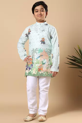 Boys light blue rayon zigzag embroidered sequined scenic heritage print kurta & pyjama set