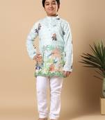 Boys light blue rayon zigzag embroidered sequined scenic heritage print kurta & pyjama set