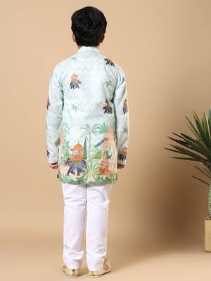 Boys light blue rayon zigzag embroidered sequined scenic heritage print kurta & pyjama set 2