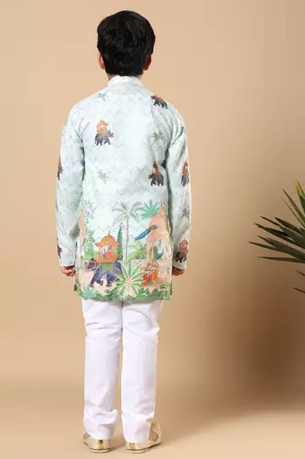 Boys light blue rayon zigzag embroidered sequined scenic heritage print kurta & pyjama set