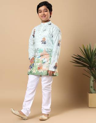 Boys light blue rayon zigzag embroidered sequined scenic heritage print kurta & pyjama set 4