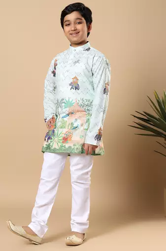 Boys light blue rayon zigzag embroidered sequined scenic heritage print kurta & pyjama set