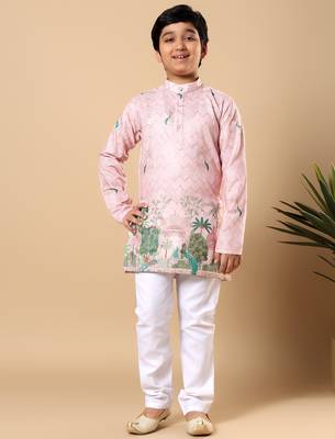 Boys pink rayon zigzag embroidered sequined scenic heritage print kurta & pyjama set 1