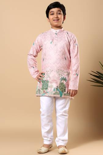 Boys pink rayon zigzag embroidered sequined scenic heritage print kurta & pyjama set