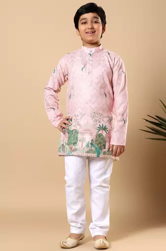 Boys pink rayon zigzag embroidered sequined scenic heritage print kurta & pyjama set