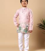 Boys pink rayon zigzag embroidered sequined scenic heritage print kurta & pyjama set
