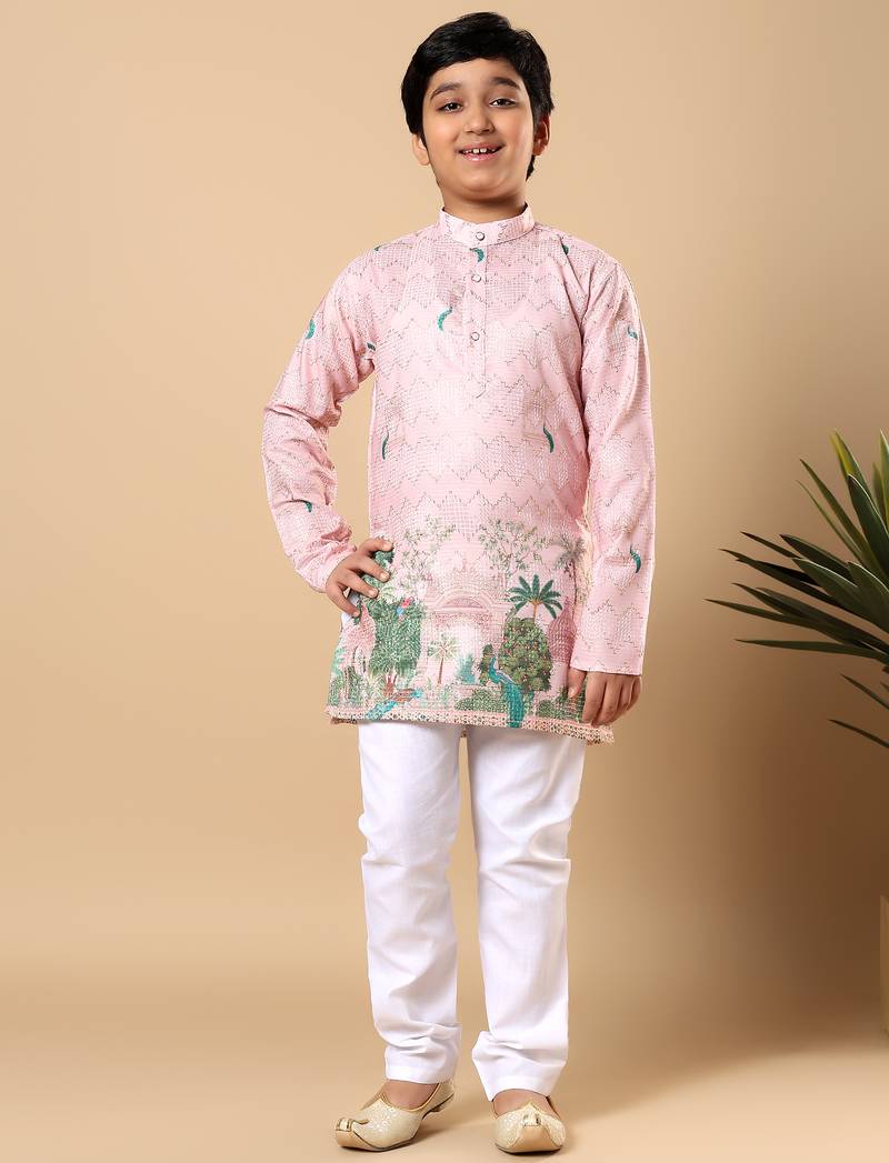 Boys pink rayon zigzag embroidered sequined scenic heritage print kurta & pyjama set