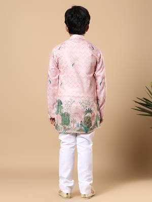 Boys pink rayon zigzag embroidered sequined scenic heritage print kurta & pyjama set 2
