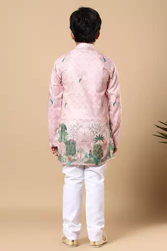 Boys pink rayon zigzag embroidered sequined scenic heritage print kurta & pyjama set
