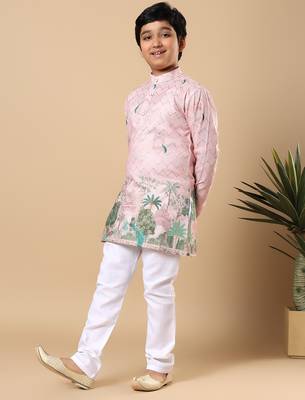 Boys pink rayon zigzag embroidered sequined scenic heritage print kurta & pyjama set 4