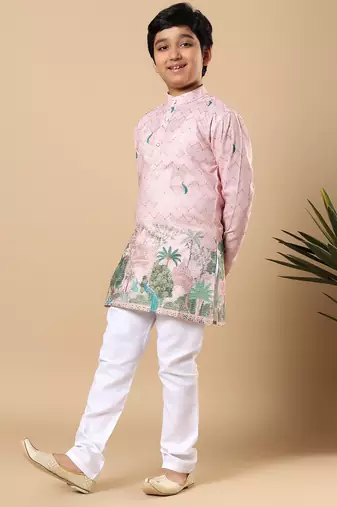 Boys pink rayon zigzag embroidered sequined scenic heritage print kurta & pyjama set