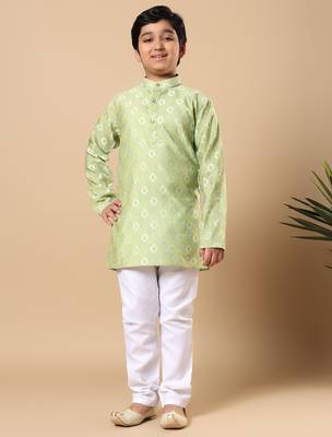 Boys pista green cotton blend ikat woven pattern kurta & pyjama set 1