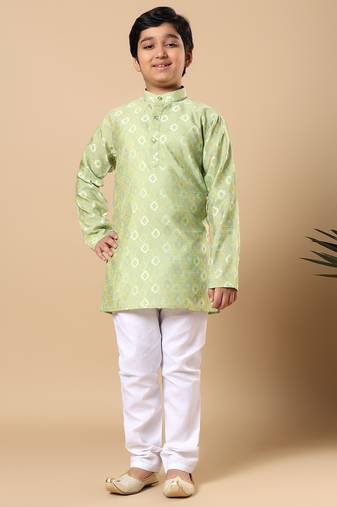 Boys pista green cotton blend ikat woven pattern kurta & pyjama set