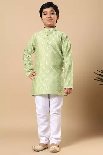 Boys pista green cotton blend ikat woven pattern kurta & pyjama set