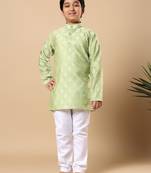 Boys pista green cotton blend ikat woven pattern kurta & pyjama set