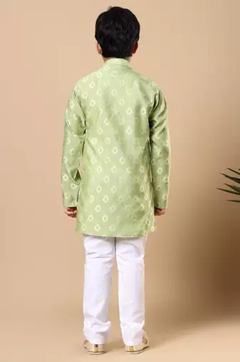 Boys pista green cotton blend ikat woven pattern kurta & pyjama set