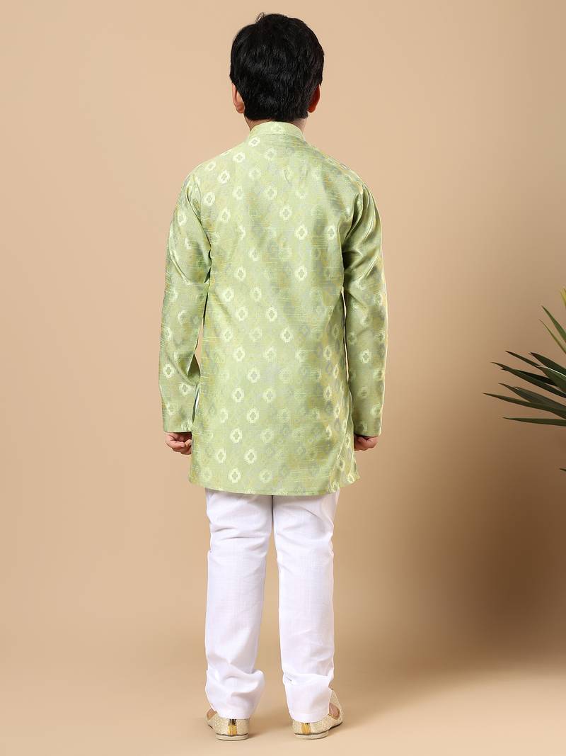Boys pista green cotton blend ikat woven pattern kurta & pyjama set