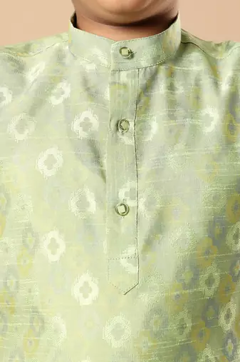 Boys pista green cotton blend ikat woven pattern kurta & pyjama set