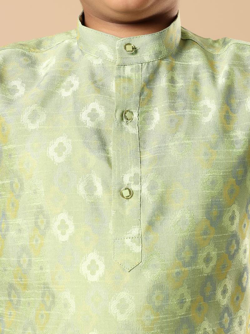 Boys pista green cotton blend ikat woven pattern kurta & pyjama set