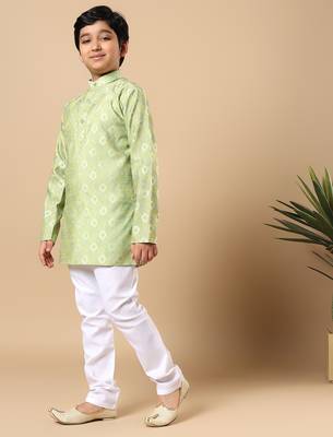 Boys pista green cotton blend ikat woven pattern kurta & pyjama set 4