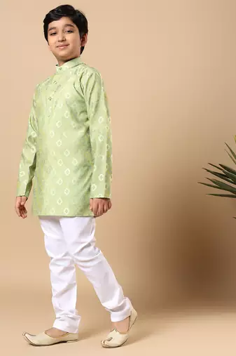 Boys pista green cotton blend ikat woven pattern kurta & pyjama set