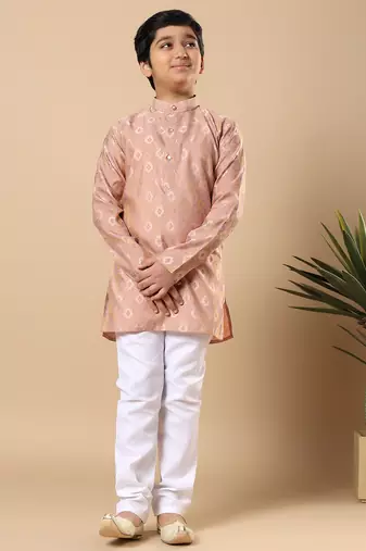 Boys peach cotton blend ikat woven pattern kurta & pyjama set