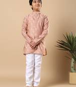 Boys peach cotton blend ikat woven pattern kurta & pyjama set